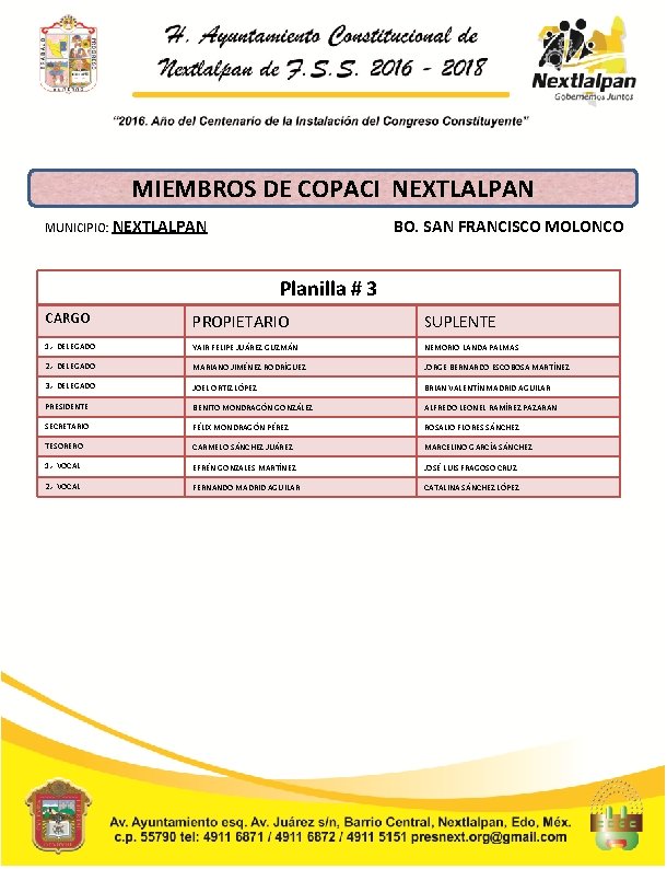 MIEMBROS DE COPACI NEXTLALPAN MUNICIPIO: NEXTLALPAN BO. SAN FRANCISCO MOLONCO Planilla # 3 CARGO