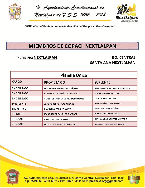 MIEMBROS DE COPACI NEXTLALPAN MUNICIPIO: NEXTLALPAN BO. CENTRAL SANTA ANA NEXTLALPAN Planilla Única CARGO