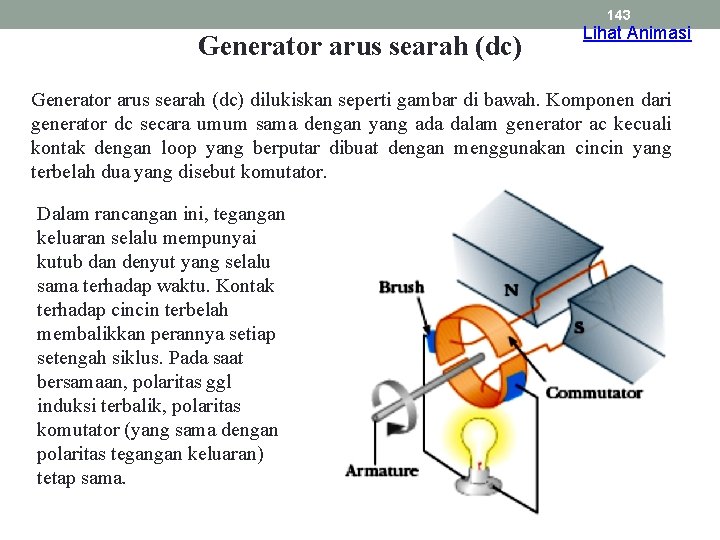 143 Generator arus searah (dc) Lihat Animasi Generator arus searah (dc) dilukiskan seperti gambar