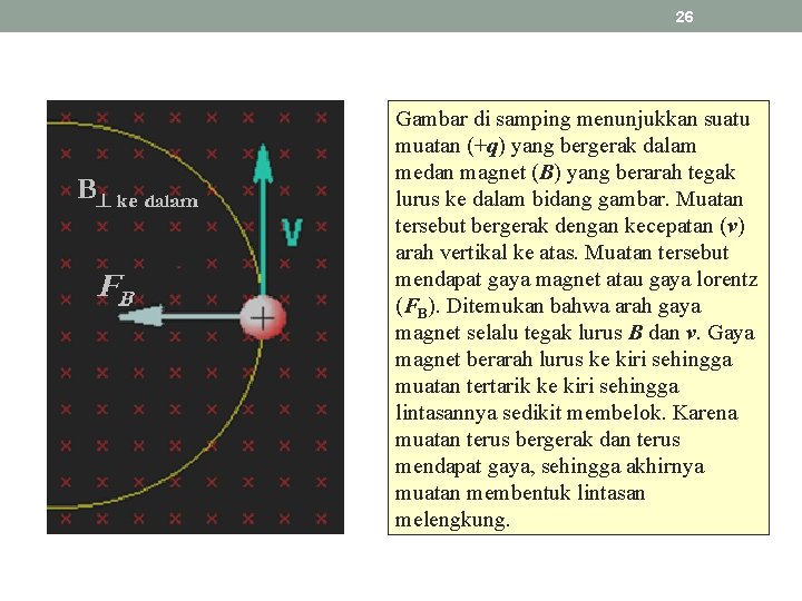 26 Gambar di samping menunjukkan suatu muatan (+q) yang bergerak dalam medan magnet (B)