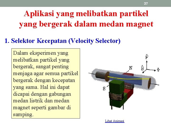 37 Aplikasi yang melibatkan partikel yang bergerak dalam medan magnet 1. Selektor Kecepatan (Velocity