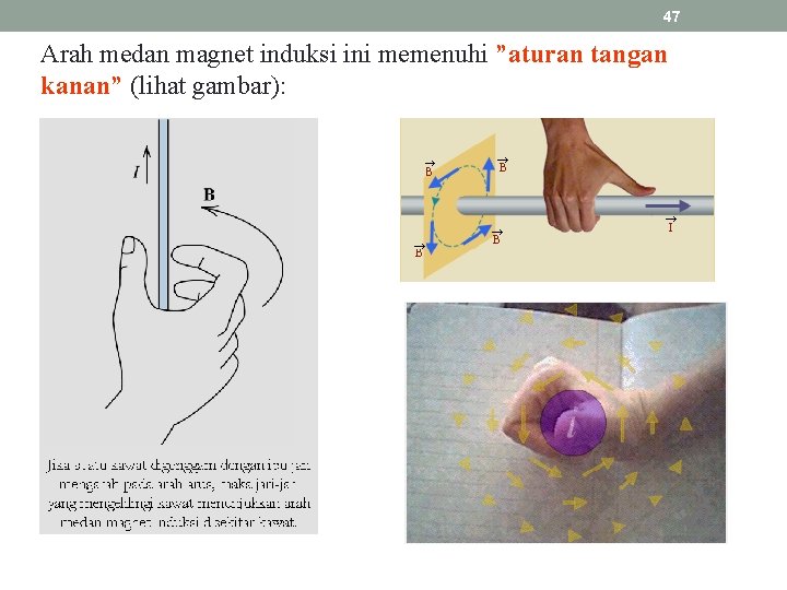 47 Arah medan magnet induksi ini memenuhi ”aturan tangan kanan” (lihat gambar): 