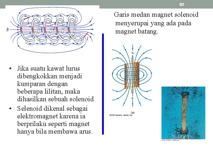 80 Garis medan magnet solenoid menyerupai yang ada pada magnet batang. • Jika suatu