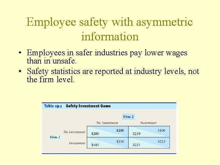 Employee safety with asymmetric information • Employees in safer industries pay lower wages than