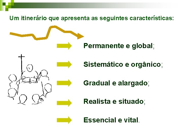 Um itinerário que apresenta as seguintes características: Permanente e global; Sistemático e orgânico; Gradual