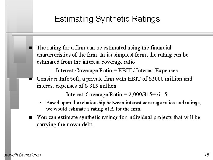 Estimating Synthetic Ratings The rating for a firm can be estimated using the financial