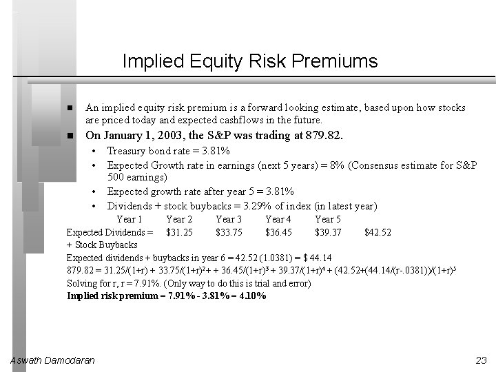 Implied Equity Risk Premiums An implied equity risk premium is a forward looking estimate,