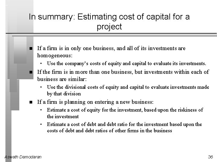 In summary: Estimating cost of capital for a project If a firm is in