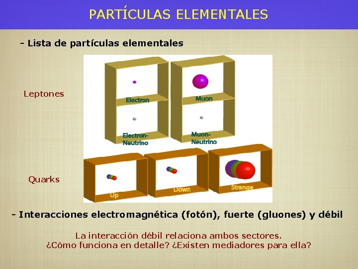 PARTÍCULAS ELEMENTALES - Lista de partículas elementales Leptones Quarks - Interacciones electromagnética (fotón), fuerte