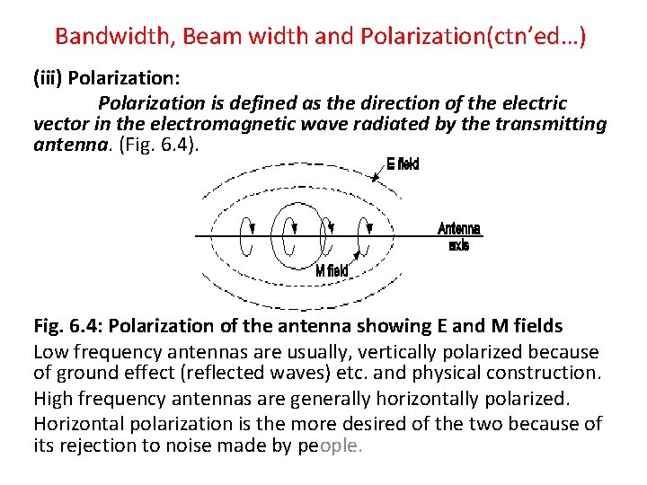 Bandwidth, Beam width and Polarization(ctn’ed…) (iii) Polarization: Polarization is defined as the direction of