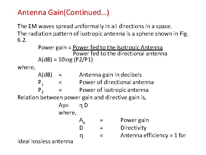Antenna Gain(Continued…) The EM waves spread uniformally in all directions in a space. The