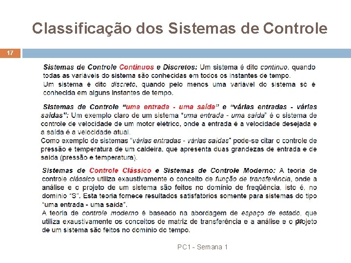 Classificação dos Sistemas de Controle 17 PC 1 - Semana 1 