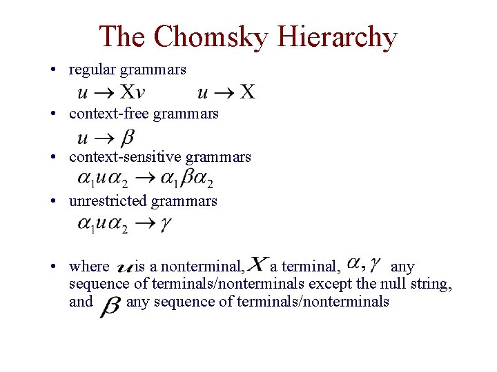 The Chomsky Hierarchy • regular grammars • context-free grammars • context-sensitive grammars • unrestricted The Chomsky Hierarchy • regular grammars • context-free grammars • context-sensitive grammars • unrestricted