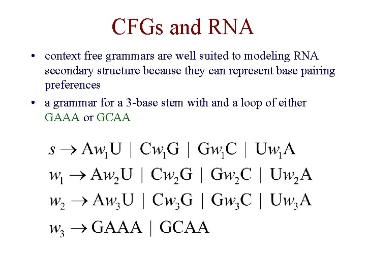 CFGs and RNA • context free grammars are well suited to modeling RNA secondary CFGs and RNA • context free grammars are well suited to modeling RNA secondary