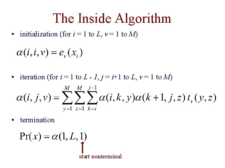 The Inside Algorithm • initialization (for i = 1 to L, v = 1 The Inside Algorithm • initialization (for i = 1 to L, v = 1