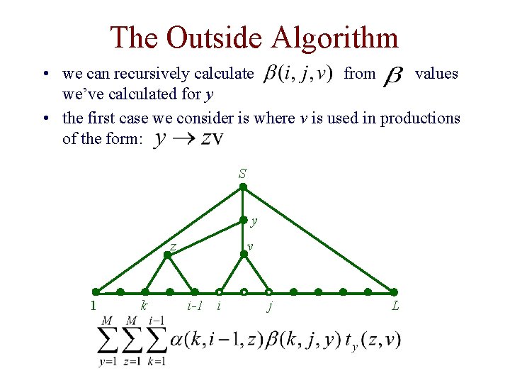 The Outside Algorithm • we can recursively calculate from values we’ve calculated for y The Outside Algorithm • we can recursively calculate from values we’ve calculated for y