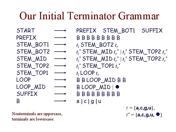 Our Initial Terminator Grammar START PREFIX STEM_BOT 1 STEM_BOT 2 STEM_MID STEM_TOP 2 STEM_TOP Our Initial Terminator Grammar START PREFIX STEM_BOT 1 STEM_BOT 2 STEM_MID STEM_TOP 2 STEM_TOP