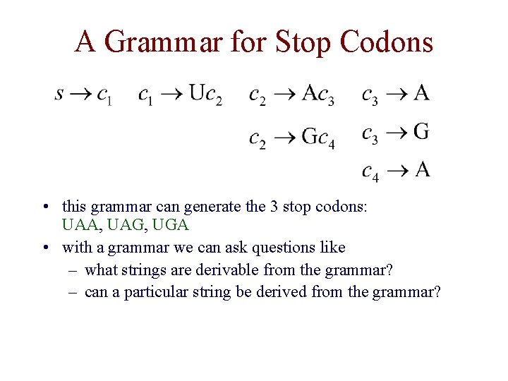 A Grammar for Stop Codons • this grammar can generate the 3 stop codons: A Grammar for Stop Codons • this grammar can generate the 3 stop codons: