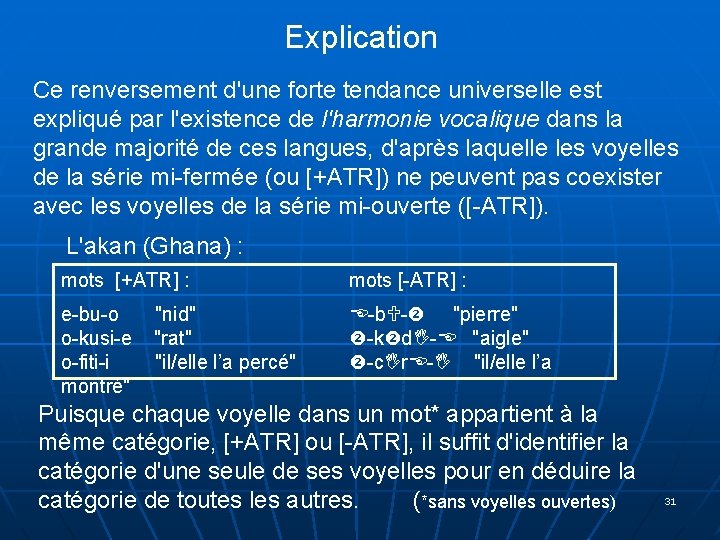 Explication Ce renversement d'une forte tendance universelle est expliqué par l'existence de l'harmonie vocalique