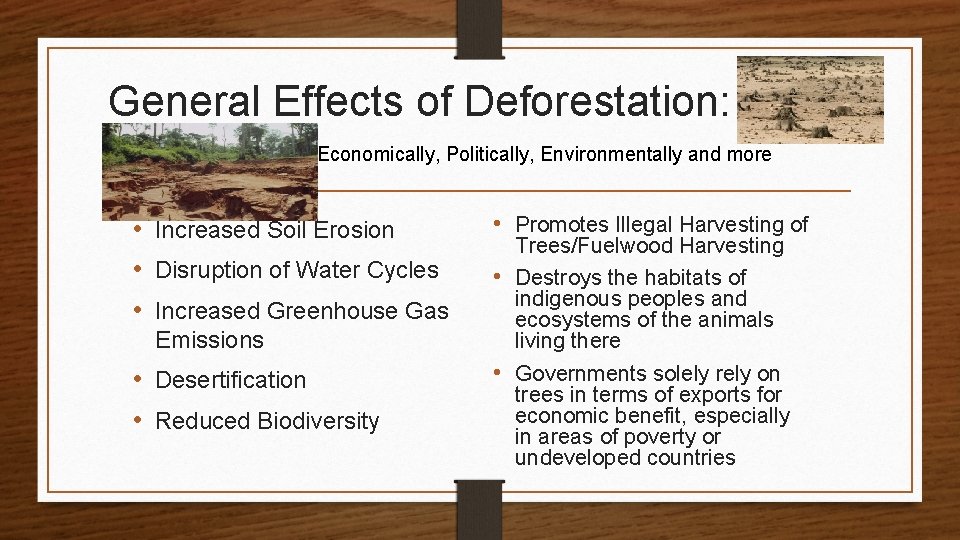 General Effects of Deforestation: Economically, Politically, Environmentally and more • Increased Soil Erosion •