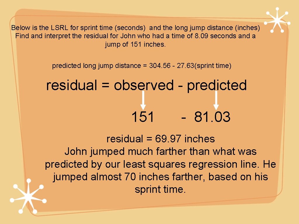 Below is the LSRL for sprint time (seconds) and the long jump distance (inches)