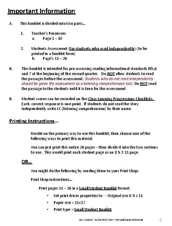 Important Information A. This booklet is divided into two parts… 1. Teacher’s Resources a. Important Information A. This booklet is divided into two parts… 1. Teacher’s Resources a.