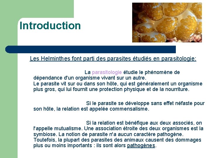 Introduction Les Helminthes font parti des parasites étudiés en parasitologie: La parasitologie étudie le