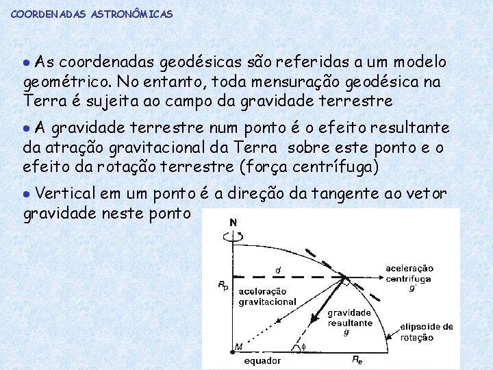 COORDENADAS ASTRONÔMICAS As coordenadas geodésicas são referidas a um modelo geométrico. No entanto, toda