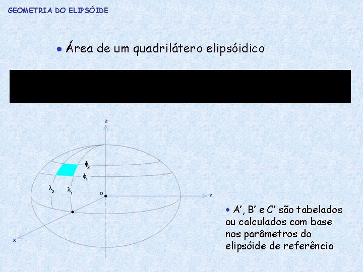 GEOMETRIA DO ELIPSÓIDE Área de um quadrilátero elipsóidico A’, B’ e C’ são tabelados