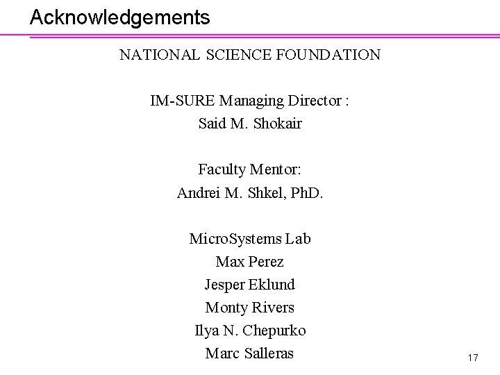 Acknowledgements NATIONAL SCIENCE FOUNDATION IM-SURE Managing Director : Said M. Shokair Faculty Mentor: Andrei