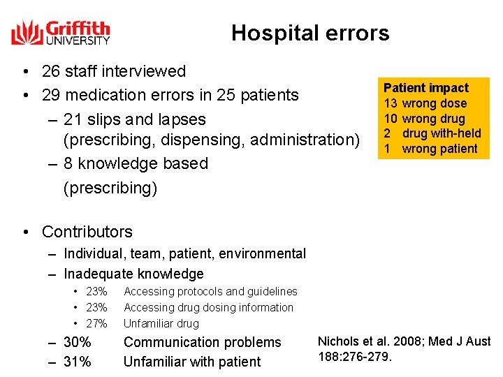 Hospital errors • 26 staff interviewed • 29 medication errors in 25 patients –