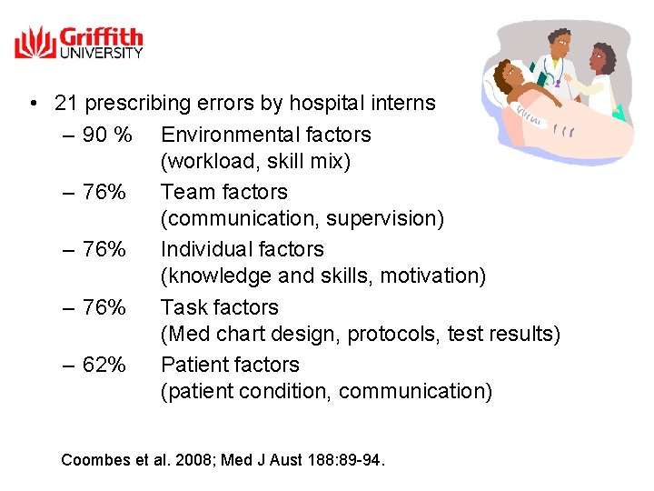  • 21 prescribing errors by hospital interns – 90 % Environmental factors (workload,