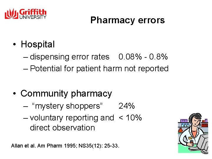 Pharmacy errors • Hospital – dispensing error rates 0. 08% - 0. 8% –