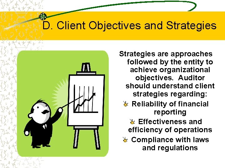 D. Client Objectives and Strategies are approaches followed by the entity to achieve organizational D. Client Objectives and Strategies are approaches followed by the entity to achieve organizational