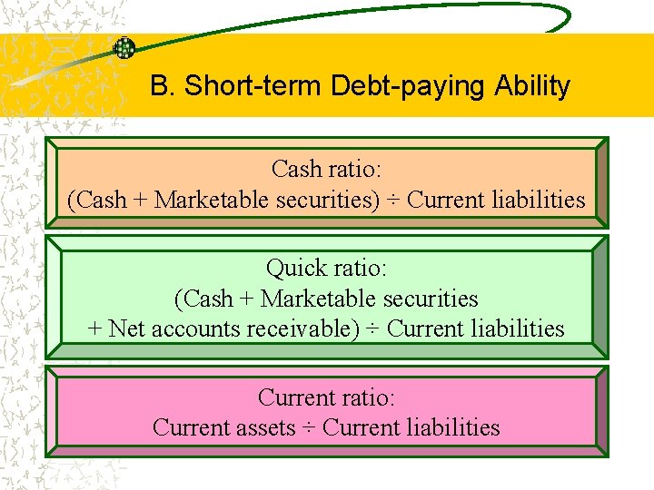 B. Short-term Debt-paying Ability Cash ratio: (Cash + Marketable securities) ÷ Current liabilities Quick B. Short-term Debt-paying Ability Cash ratio: (Cash + Marketable securities) ÷ Current liabilities Quick