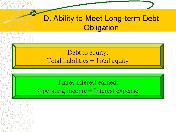 D. Ability to Meet Long-term Debt Obligation Debt to equity: Total liabilities ÷ Total D. Ability to Meet Long-term Debt Obligation Debt to equity: Total liabilities ÷ Total