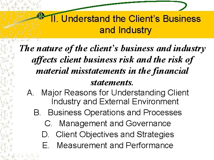 II. Understand the Client’s Business and Industry The nature of the client’s business and II. Understand the Client’s Business and Industry The nature of the client’s business and
