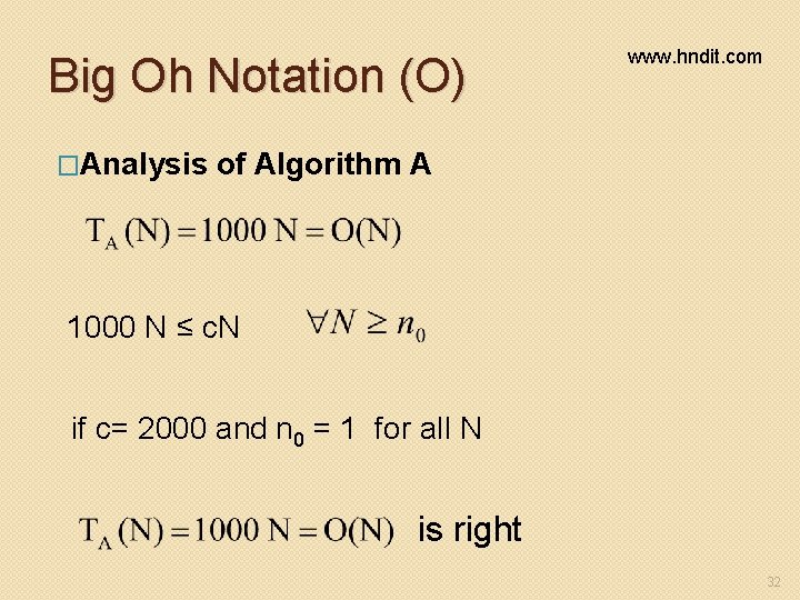 Big Oh Notation (O) �Analysis www. hndit. com of Algorithm A 1000 N ≤ Big Oh Notation (O) �Analysis www. hndit. com of Algorithm A 1000 N ≤