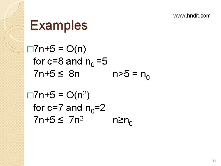 Examples www. hndit. com � 7 n+5 = O(n) for c=8 and n 0 Examples www. hndit. com � 7 n+5 = O(n) for c=8 and n 0