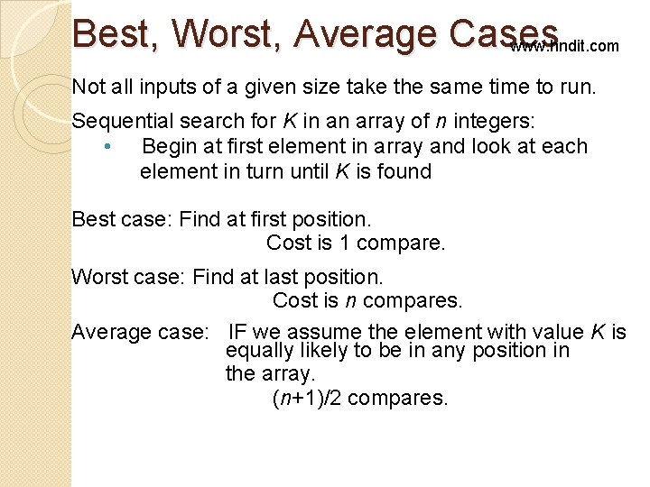 Best, Worst, Average Cases www. hndit. com Not all inputs of a given size Best, Worst, Average Cases www. hndit. com Not all inputs of a given size