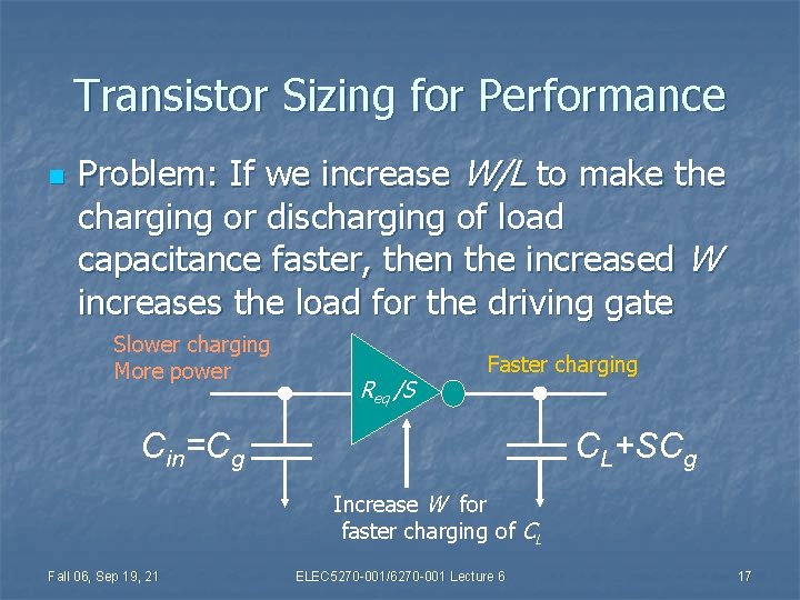 Transistor Sizing for Performance n Problem: If we increase W/L to make the charging