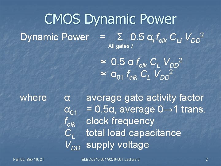 CMOS Dynamic Power = Σ 0. 5 αi fclk CLi VDD 2 All gates