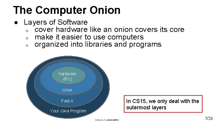 The Computer Onion ● Layers of Software o o o cover hardware like an