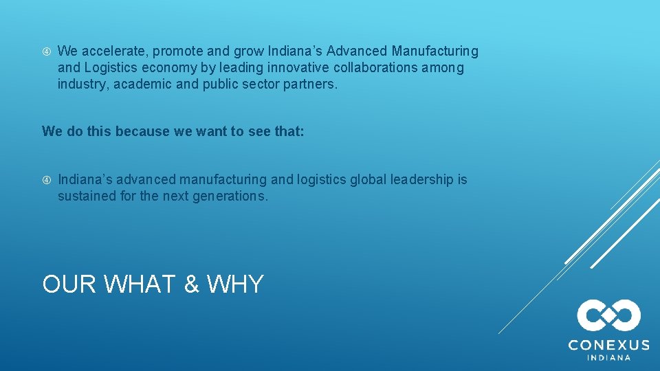  We accelerate, promote and grow Indiana’s Advanced Manufacturing and Logistics economy by leading