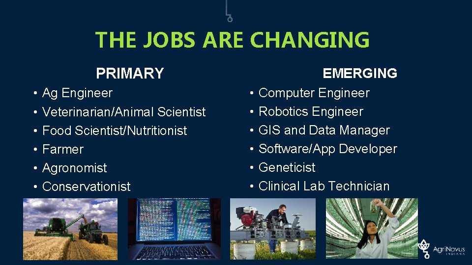 THE JOBS ARE CHANGING PRIMARY • • • Ag Engineer Veterinarian/Animal Scientist Food Scientist/Nutritionist