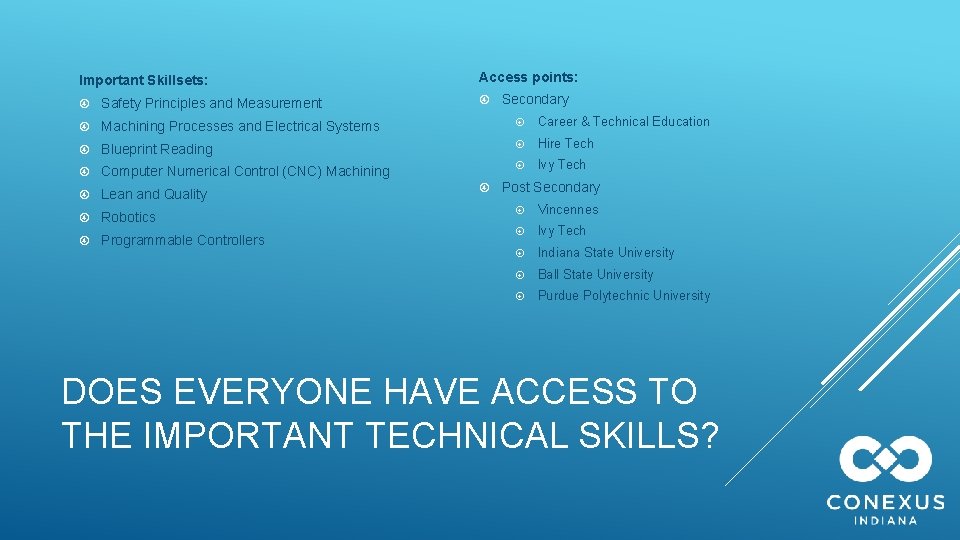 Important Skillsets: Access points: Secondary Safety Principles and Measurement Machining Processes and Electrical Systems
