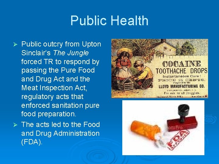 Public Health Public outcry from Upton Sinclair’s The Jungle forced TR to respond by