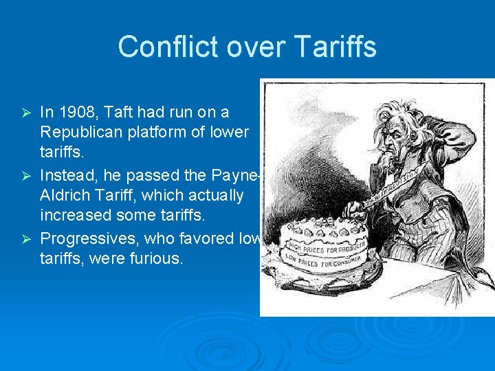 Conflict over Tariffs In 1908, Taft had run on a Republican platform of lower