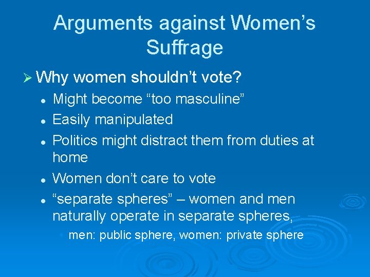 Arguments against Women’s Suffrage Ø Why women shouldn’t vote? l l l Might become