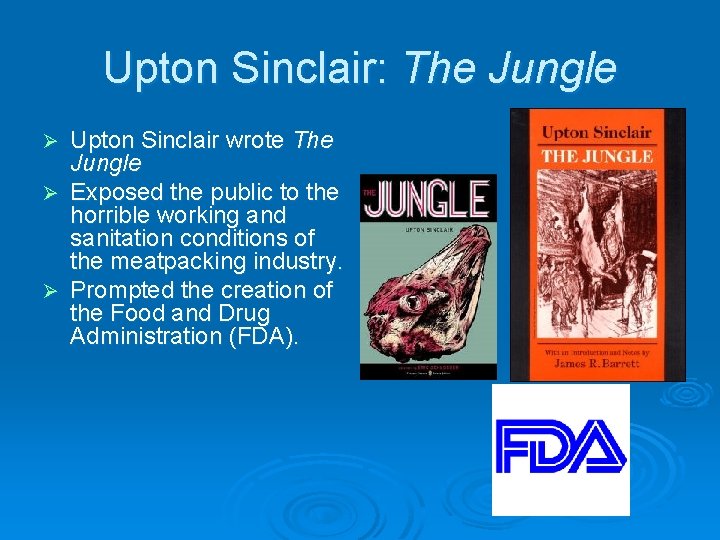 Upton Sinclair: The Jungle Upton Sinclair wrote The Jungle Ø Exposed the public to